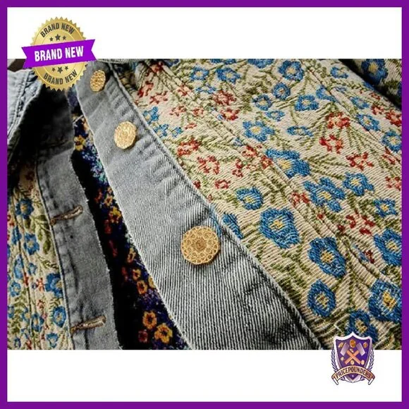 Long Sleeve Jacquard Denim Jacket Peter Pan Collar Button Front - Picture 5 of 7